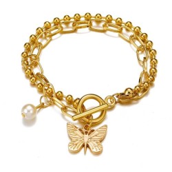 Ins wind fashion butterfly pendant Double layer beads chain Anklet Pearl gold ..