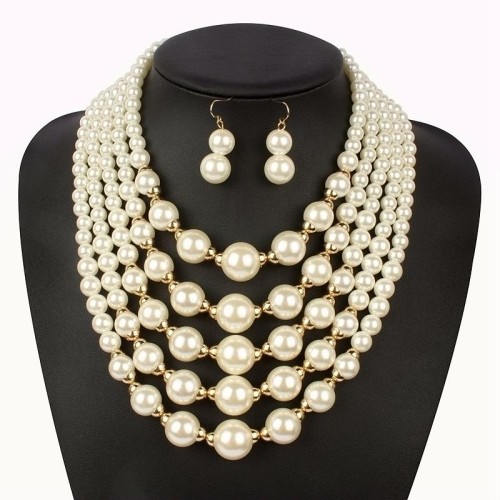 occidental style creative creative style multilayer Pearl beads necklace  Pearl earrings set