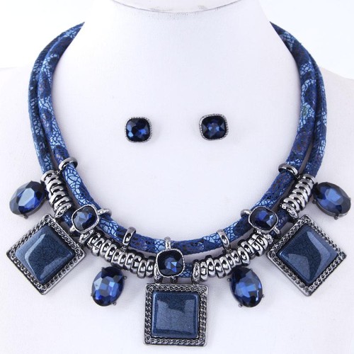 occidental style fashion Metal concise square accessories Double layer rope temperament necklace ear stud  set
