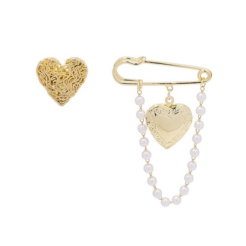 ins wind retro geometry love brooch fashion brief Pearl chain two flower