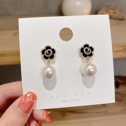 silver black rose earrings Pearl flowers ear stud temperament high atmospheric..