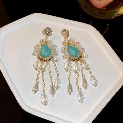 silver occidental style diamond crystal Pearl tassel earrings long style penda..