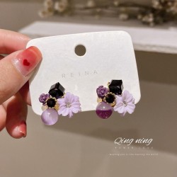 silver Korea big diamond Opal crystal flowers earrings sweet ear stud woman