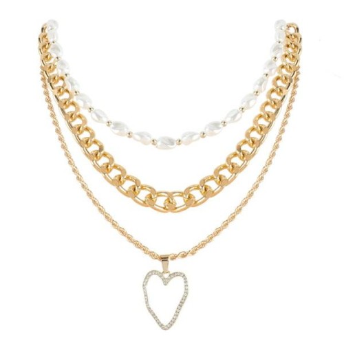 occidental style temperament Pearl chain gold Peach heart pendant necklace   Street Snap women multilayer