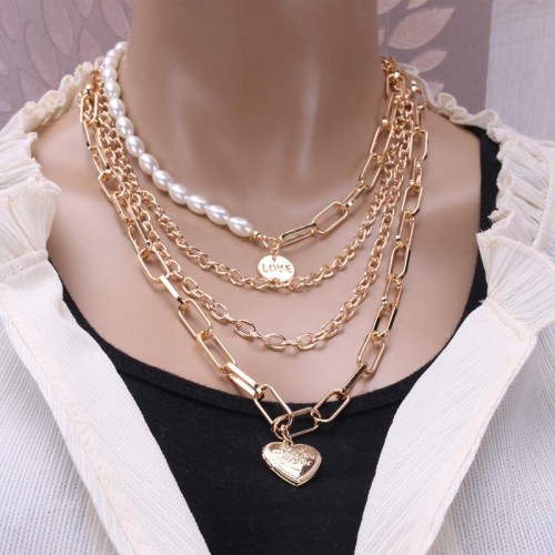 occidental style necklace retro temperament personality chain Pearl chain natural brief Double layer lo