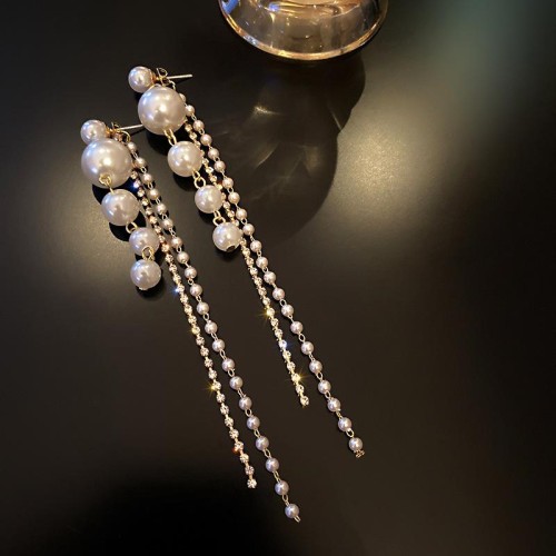 silver diamond Pearl tassel earrings occidental style personality long style earring fashion temperament