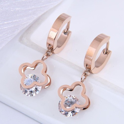 fine occidental style fashion titanium steel ear stud  concise four leaf zircon ear stud buckle circle