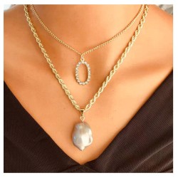 occidental style personality gold chain Pearl pendant Double layer necklace
