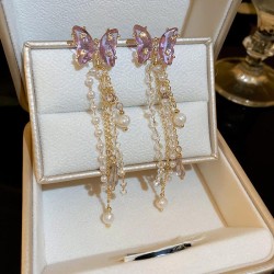  same style silver diamond zircon crystal Pearl butterfly earrings Korea long ..