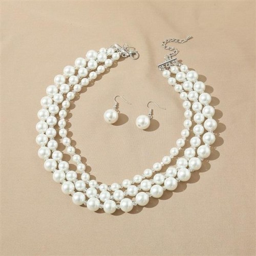  occidental style woman creative necklace ear stud set Pearl temperament multilayer Pearl weave necklace e