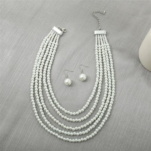  occidental style woman Pearl necklace ear stud set three color gradual change creative woman style chain