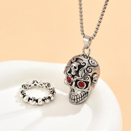 occidental style fashion retro skull concise ring necklace man set