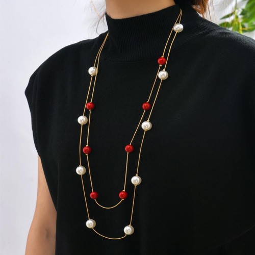fashion concise Double layer Pearl temperament woman long necklace/ sweater chain