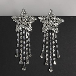 occidental style Five-pointed star tassel drop earrings silver Rhinestone ear ..