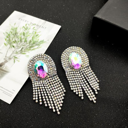 occidental style style exaggerating tassel fully-jewelled gem earrings silver tassel ear stud Earring woman
