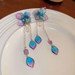 silver diamond butterfly flowers crystal tassel earrings Japan and Korea trend..