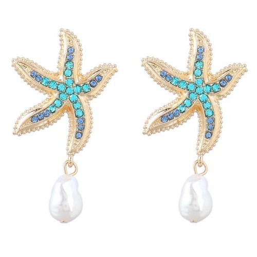 fashion summer wind Alloy diamond starfish earrings woman imitate Pearl earring occidental style trend Earring
