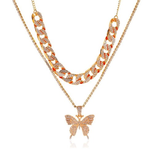  Double layer big butterfly necklace  personality exaggerating fully-jewelled chain chainins