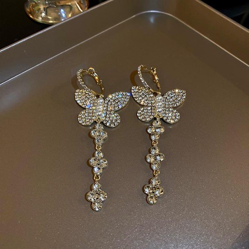 silver occidental style diamond butterfly super earrings fashion long style tassel flower