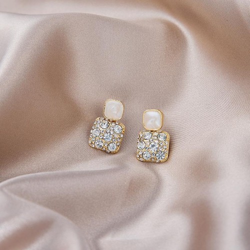 silver new diamond brilliant earrings diamond high-end geometry square sweet elegant ear stud woman