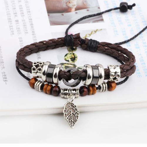  leaves beads bracelet Alloy eaf weavePU leather rope