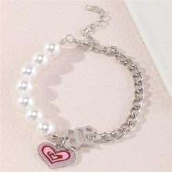  woman bracelet  Metal chain Pearl bracelet Peach heart enamel pendant brief f..