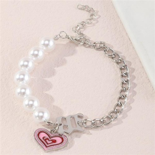  woman bracelet  Metal chain Pearl bracelet Peach heart enamel pendant brief fashion woman necklace