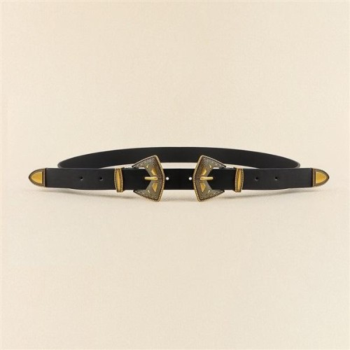 Double buckle head retro belt lady Tightness belt personality carving three punk Girdle ornament Cowboy big