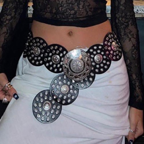 ins occidental style head personality retro all-Purpose Round Metal hollow width big belt new