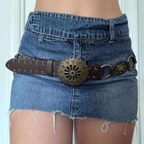 retro Cowboy wind personality hollow splice belt Metal ornament buckle belt