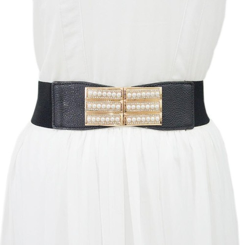 lady autumn Winter belt brief ornament Pearl diamond mosaic buckle Imitation leather elasticity Tightness bel