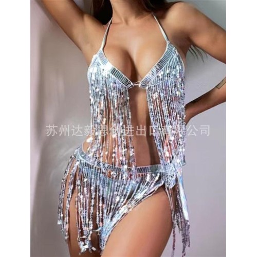 ( Dazzle  while )occidental style Swimsuit woman sexy tassel Split  bikinibikini