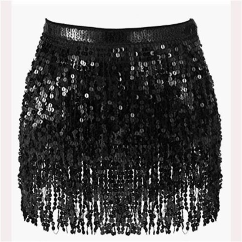  leather sequin tassel chain belt black sequin tassel short