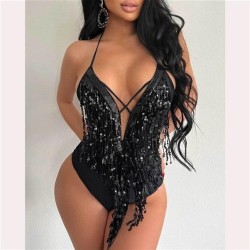 occidental style hollow one-piece jacket tassel splice close one-piece woman stylebodysuit