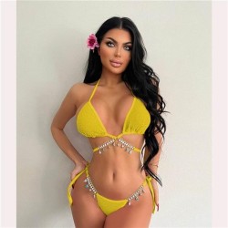 occidental style bikini pure color chain sexy woman Split  Swimsuit backless b..