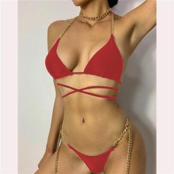 Swimsuit occidental style black chain beltbikini sexy backless Split  Swimwear