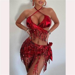 ( red) Split  Swimsuit three set woman sexy tassel bikinibikini