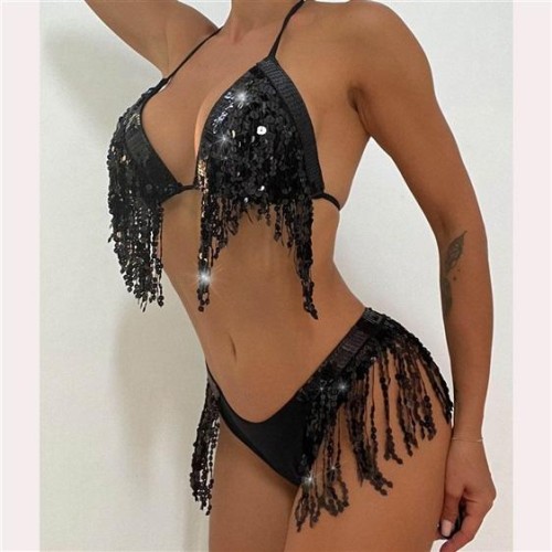 occidental style sexy Swimsuit woman black sequin tassel bikini