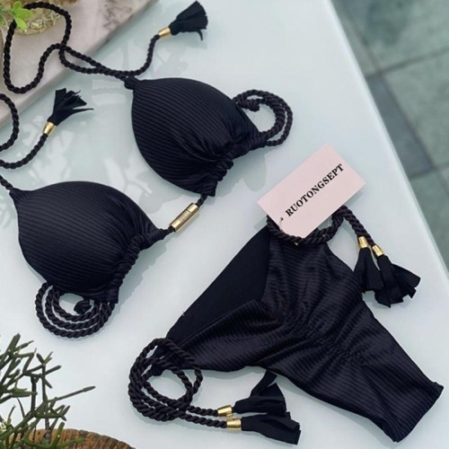 braid bikini sexy lady two set beach fabric Split  pure color