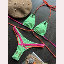 bikini chain sexy backless Split  Swimsuit splice colorbikini