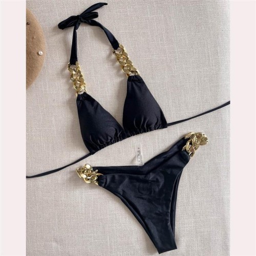 bikini occidental style sexy Swimwear big gold chain belt pure color Split  Swimsuit