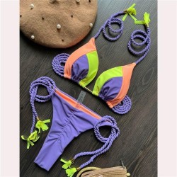 bikini low-waisted style splice blue patchwork triangle braid bikini Split  Sw..