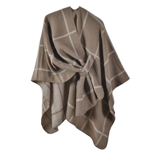 Autumn and Winter slit warm shawl occidental style classic grid belt cardigan