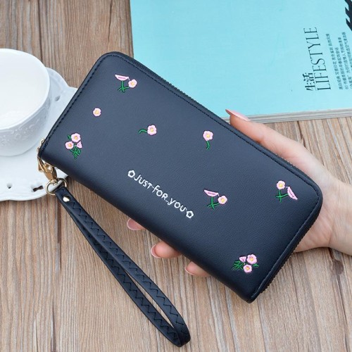 ( black)lady coin bag woman long style zipper Clutch fashion flower Wallets high capacity leather coin bag