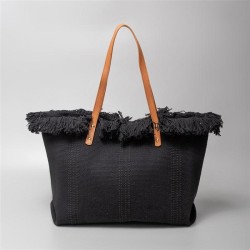 (  black) high capacity canvas bag lady Shoulder bag sandbeach  bag tassel emb..