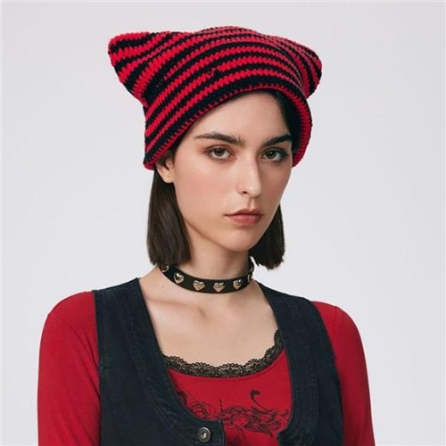 Autumn and Winter woolen hat  Stripe cat pure handmade knitting personality warm hedging
