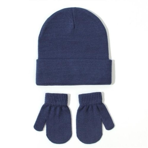 (S3-18 Months)(  Navy blue) knitting hat gloves set  all-Purpose pure color occidental style Autumn and Winter child wo