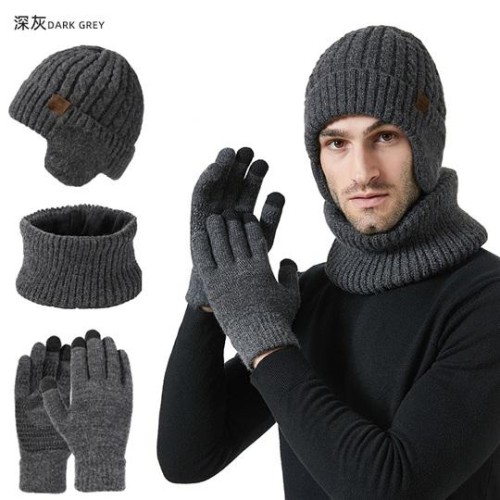 Winter velvet knitting hat touch screen gloves warm set man Outdoor woolen