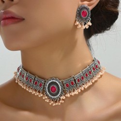 fashion concise silver color drop Pearl temperament exaggerating necklace earr..