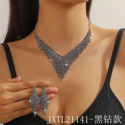   occidental style  black fully-jewelled Rhinestone necklace earrings set two